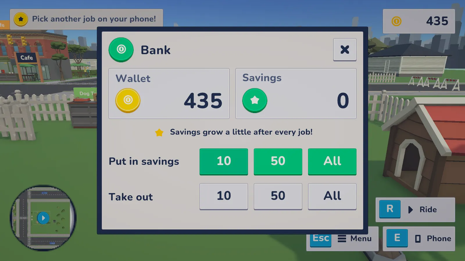 The Bank screen in CraftMyFuture: wallet 435 coins, savings 0, with buttons to put coins in savings or take them out