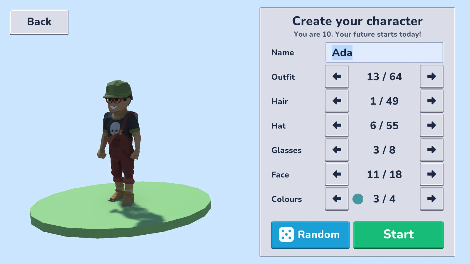 The character creator: a kid character on a green platform next to options for name, outfit, hair, hat, glasses, face and colours