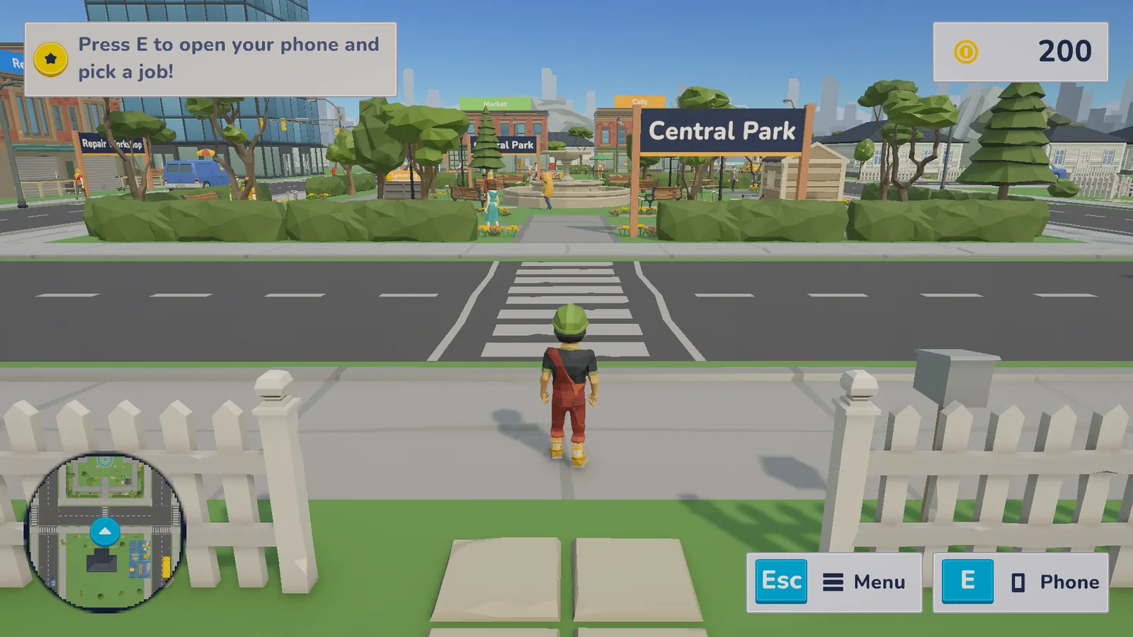 A kid in a green cap standing in front of Central Park in CraftVille, with the coin wallet and the phone hint on screen